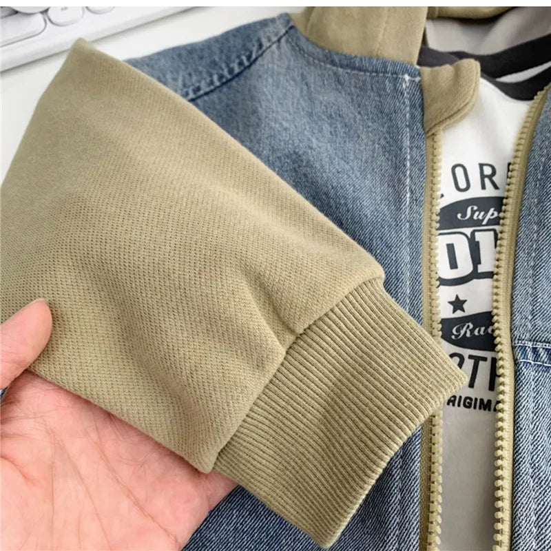 Boys Jeans Jackets Spring Girls Fashion Hooded Coats Autumn Children Clothes Kids Casual Zipper Colorblocking Outerwear 1-10Y