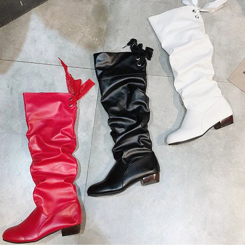 Shoes For Women  Knee High Boots Red Black White Tall Boots Woman Pleated Low Heel Casual Leather Female Long Shoes