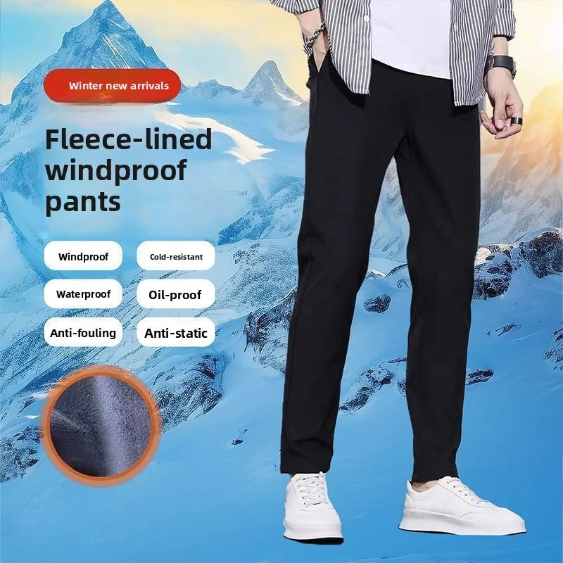 Men's Outdoor Casual Pants Thickened Fleece Lined Loose Fit Windproof Waterproof Winter Warm Cotton Trousers Straight Leg Jeans