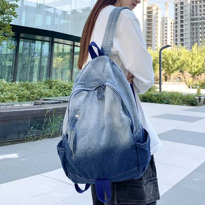 Men's and Women's Backpacks, Student School Bags, Large-Capacity Washed Denim Bags