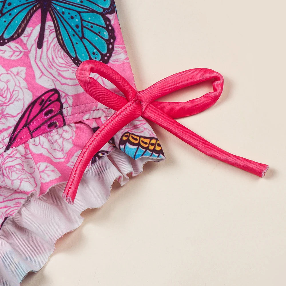 Long Sleeve Bathing Suits for Girls One-Piece Swimsuit Butterfly Print Zipper Ruffled Swimwear Swim Shirts for Surfing