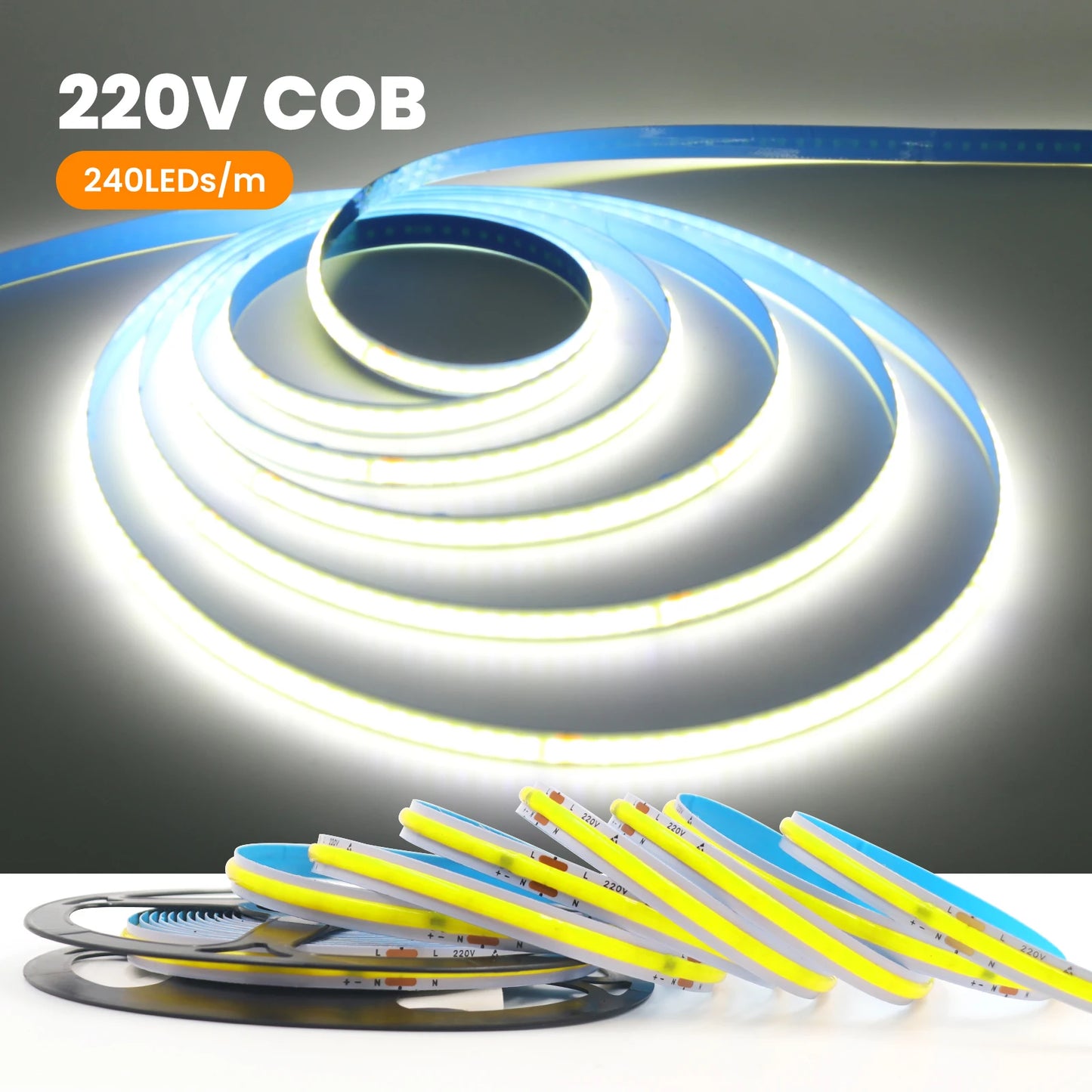 AC 220V COB Strip 240Leds/M 5M 10M 20M 50M/Roll Red/Green/Ice Blue/Pink/White/Purple Flexible Ribbon LED Light For Home Decor