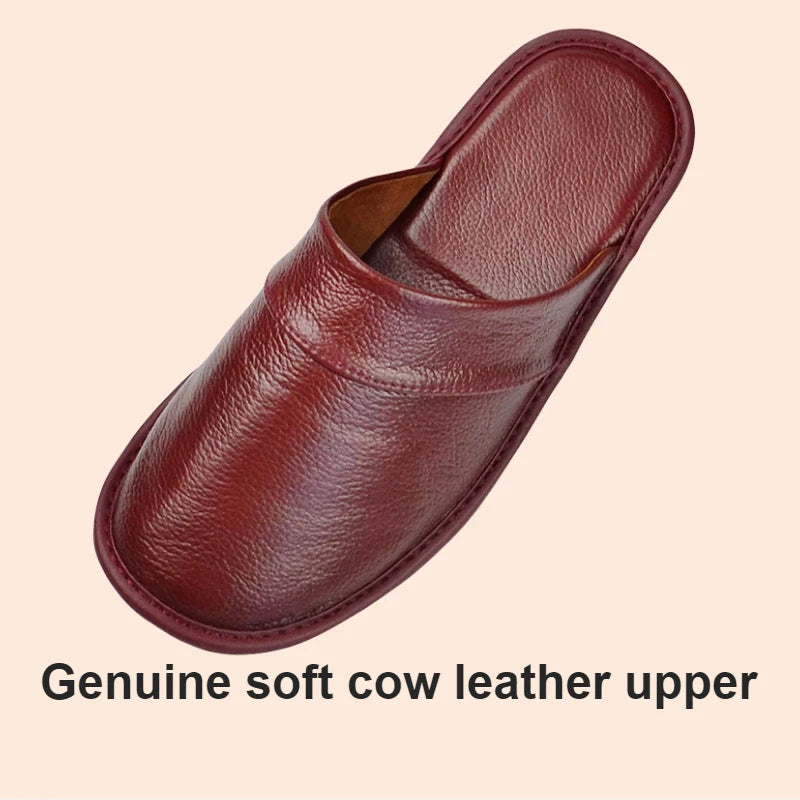 Genuine Cow Leather Slippers Homes in indoor slipper Spring Autumn summer men women elderly non-slip casual single Slides shoes