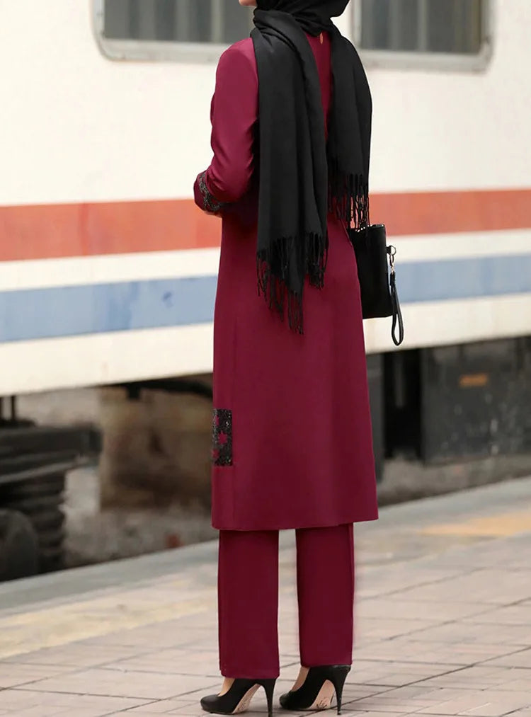 Islamic Ramadan Eid Muslim Dress Women 2 Piece Corset Suit Shirt Wide Leg Pants Dubai Abaya Lace Up Solid Color Kaftan Clothing