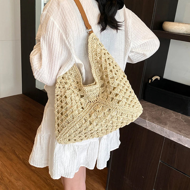 Women Weaving Clutches Top-handle Bag Large  Portable Shoulder Bag Summer Beach Purses Shopper Satchel Female Tote Bags