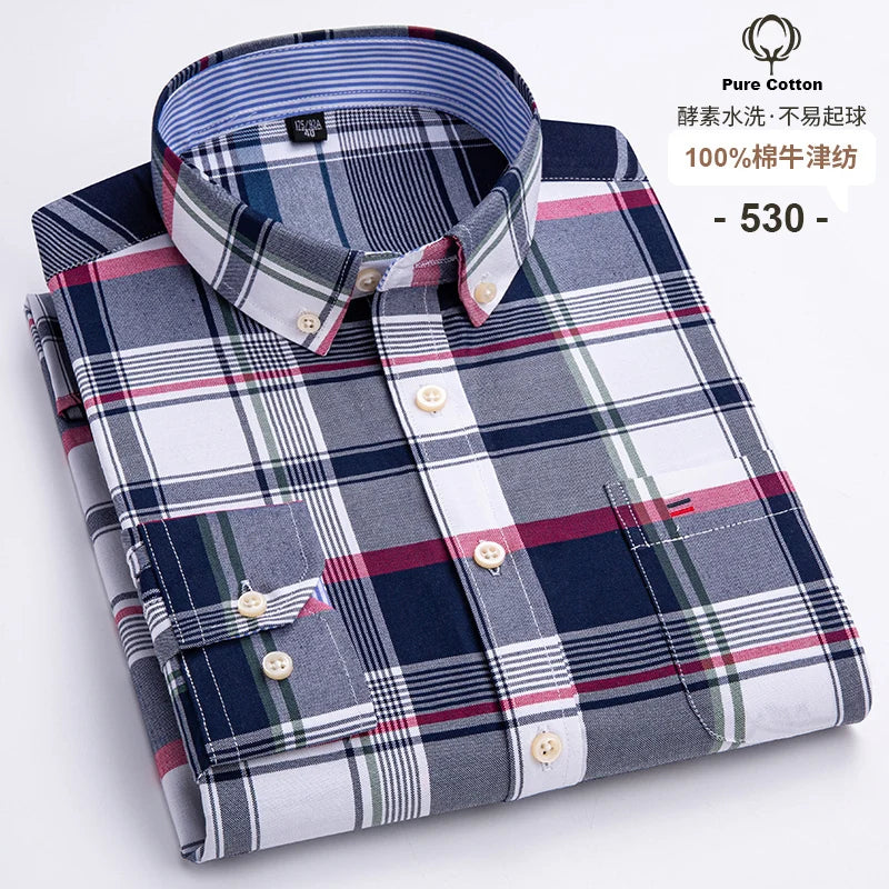 S-6XL Casual Pure Cotton Oxford Mens Shirts Long Sleeve Embroidery Horse Design Regular Fit Fashion Button Man White Dress Shirt