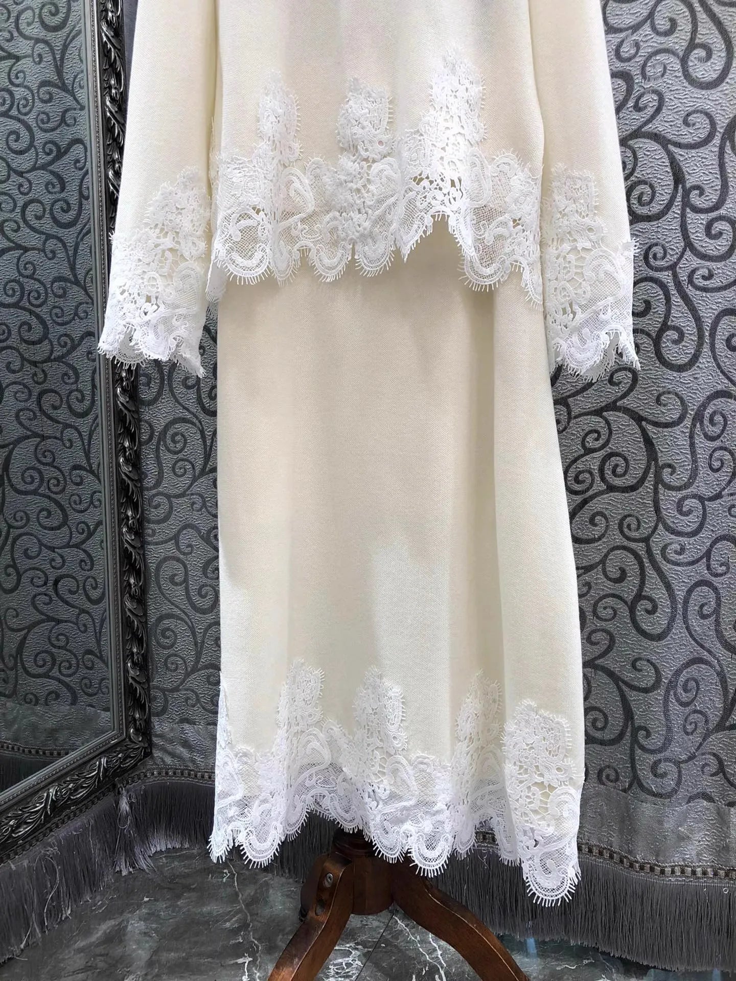 Top Quality New Skirt Suit 2025 Autumn Winter 2PC Set Women Lace Knitting Patchwork Wool Sweater+Long Knitted Skirt Suit & Sets