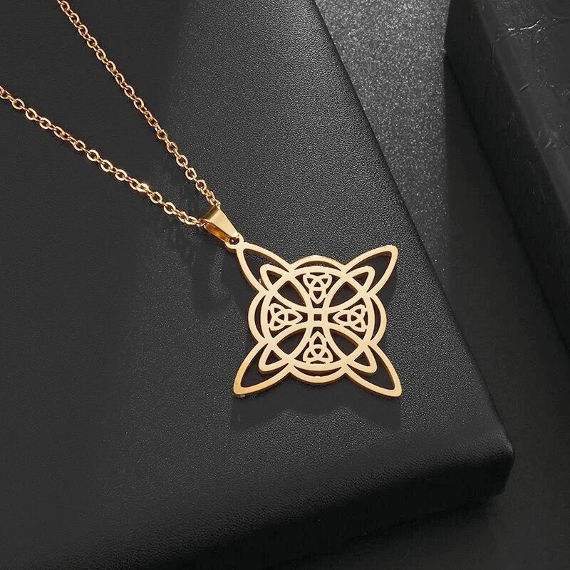 Popular fashion, stylish, personalized, trendy necklace with a witch’s knot, Celtic triangle, double-layered pendant.