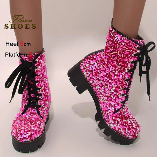 2025 New Fashion Women Shoes Front Lace Up Sequin Short Boots Coarse Heel Stage Show Ankle Boots Ladies Party Casual Short Boots