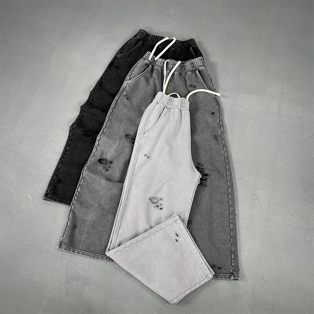 2025 Autumn/Winter Acid Wash Sweat Pants Athletic Joggers Hip Hop Raw Edges Cut Crush Distressed Frayed Wide Leg Sweatpants