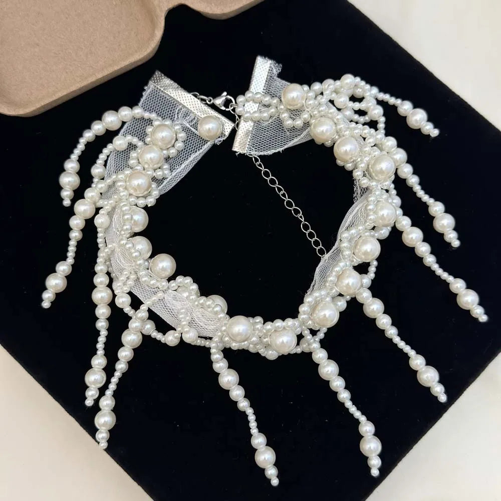 Neck Pendant White Pearl Lace Choker Alloy Creative Tassel Beads Necklace French Style Collarbone Chain Mesh Neck Jewelry Women