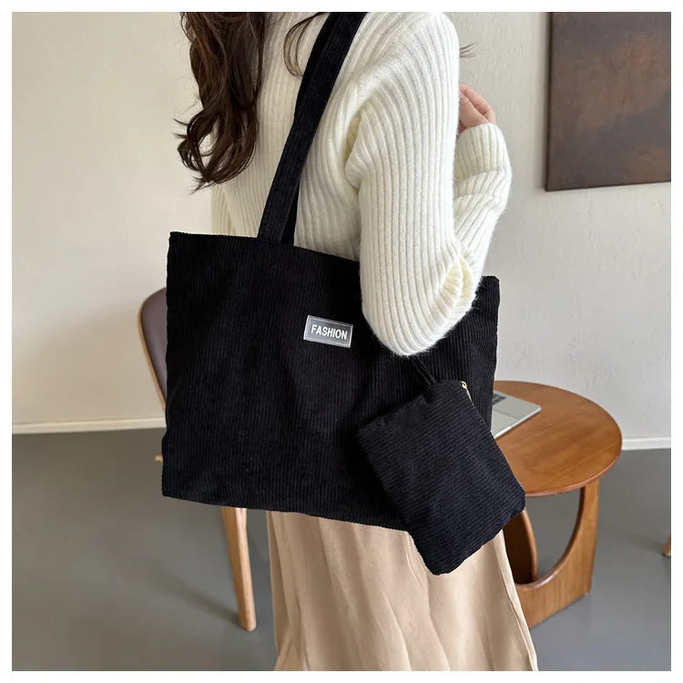 Ladies' handbag, corduroy ladies' shoulder bag, daily commuting tote bag, shoulder bag with small bag