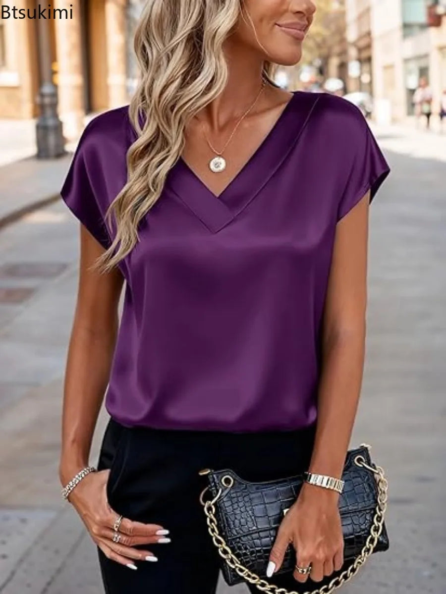 Women's Summer New T-shirt Casual V-Neck Short Sleeve Blouse Business Casual Tops Satins Silk Summer Shirt Work Solid Color Tops