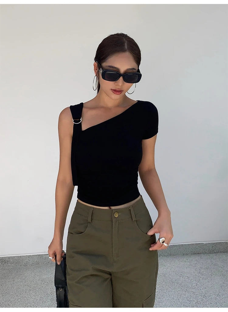 Women Tops Summer Sexy Off Shoulder Crop Tops Casual Female Sling T-shirt Short Sleeved Elastic Fashion White Tees Slash Neck