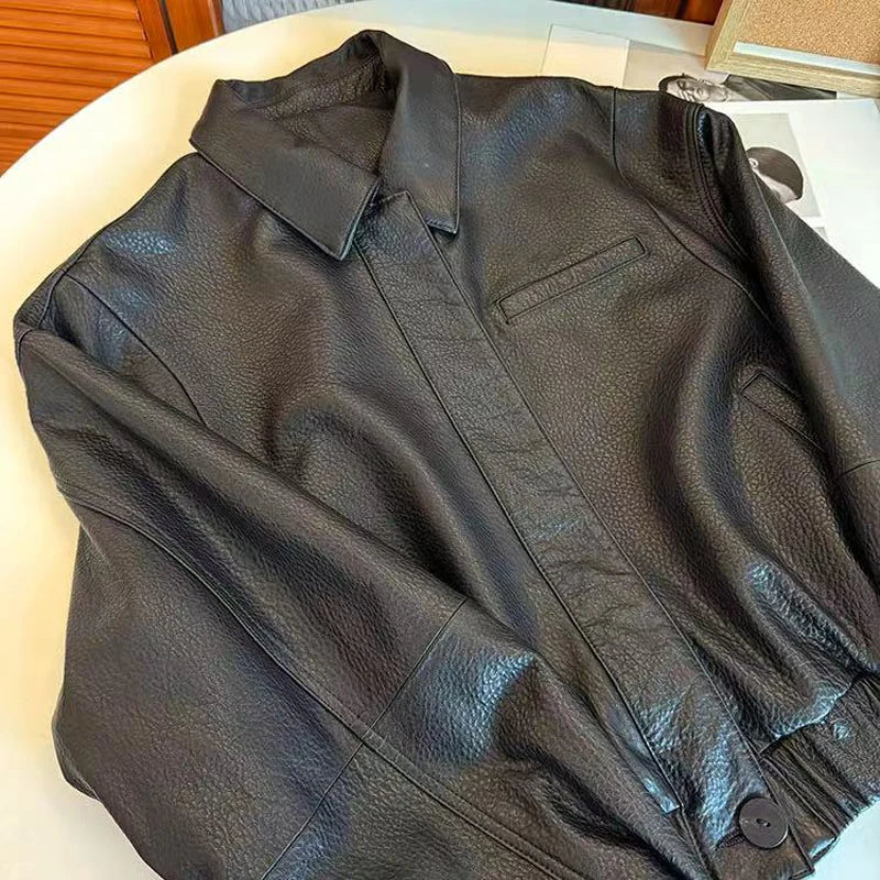 Retro Leather Bomber Jackets for Women Genuine Foam Leather Bubble Texture Short Coat Female Square-Cut Lapel Slim Fit Chaquetas