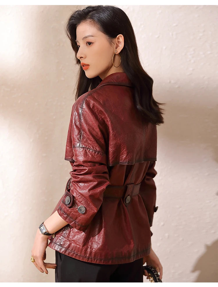 Roupas Femininas Autumn Women's Suit Collar Lace-up Waist Oil Wax Sheepskin Gabardina Mujer Vintage Red Wine Short Trench Coats