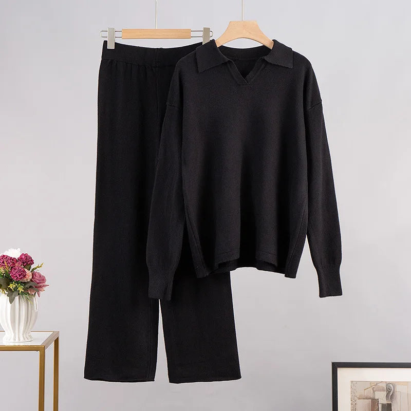 Sumuyoo Winter Thick Women Knitted Suits Cashmere Soft 2 Pieces Sets Female Polo Neck Sweater & Wide Leg Pants Knitted Outfit