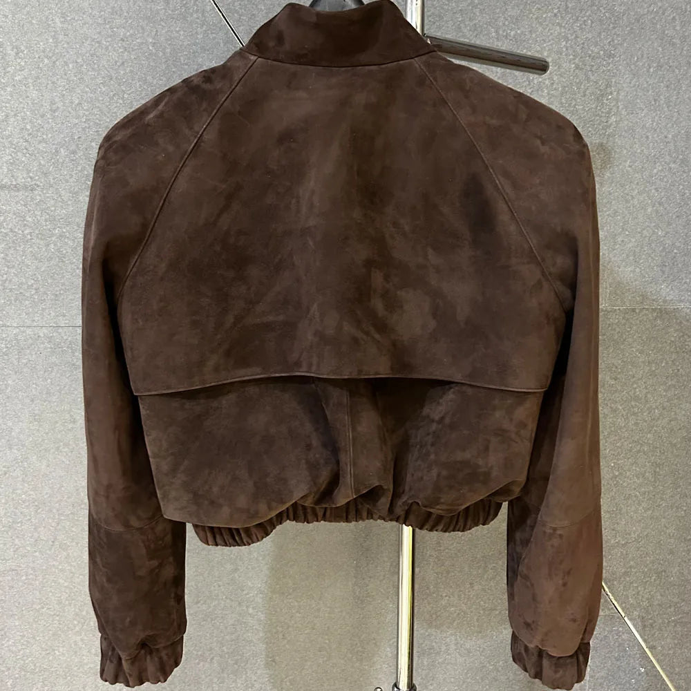 Cropped Suede Brown Women Jacket Drop-shoulder Real Leather Jackets 2025 New Outerwear