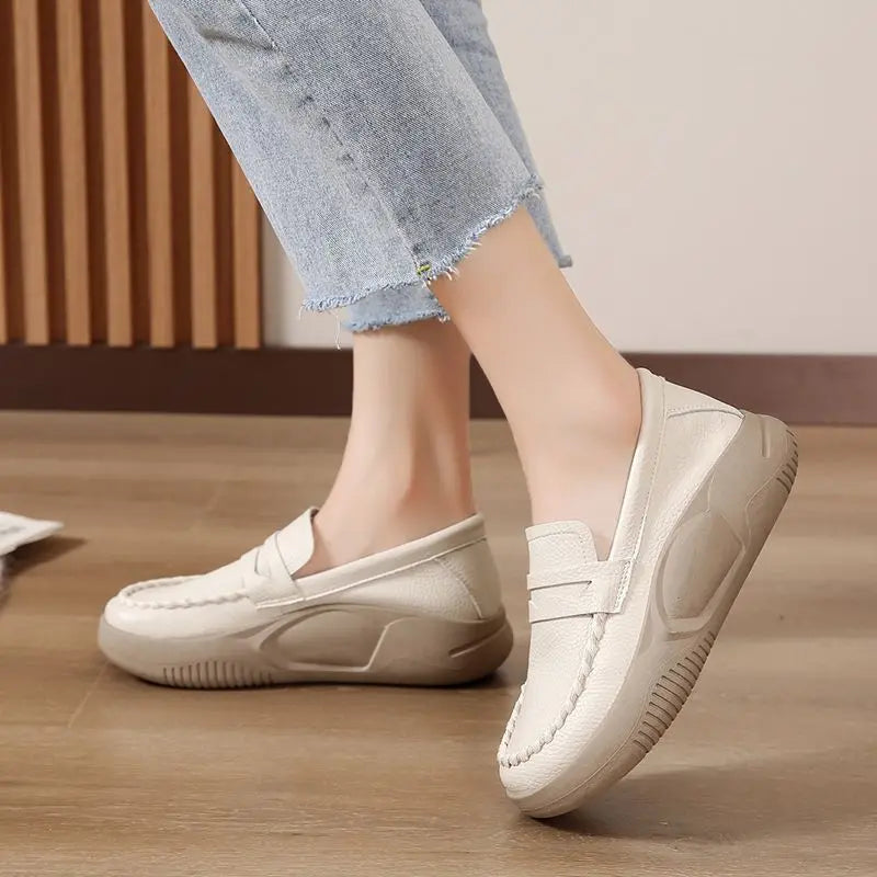 Woman Footwear Low Leather High on Platform Shoes for Women Loafers White Casual Daily Routine Autumn Offer Korean Fashion 2025