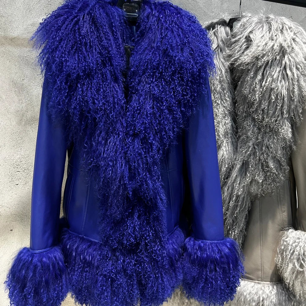 Black Suede Mongolian Sheep Fur Coat Women Fur Jacket with Long Sleeve New arrival Winter Real Fur Coat