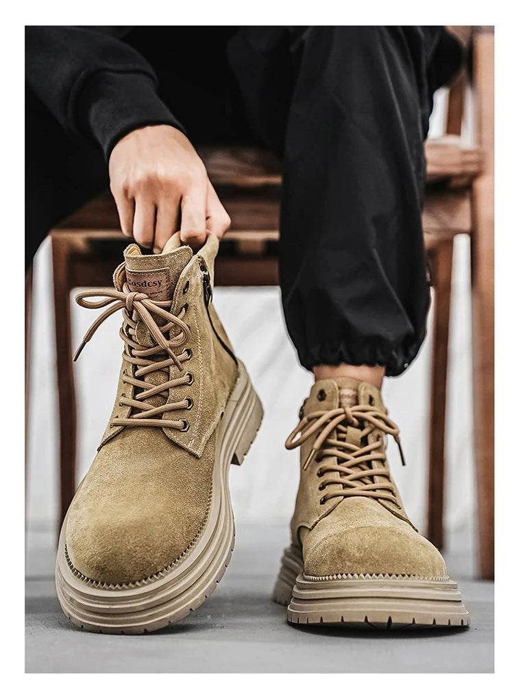 Men's high-quality suede horse boots outdoor casual leather boots thick soled English style short boots fashionable work boots