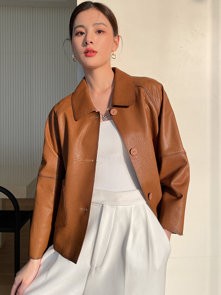High-end Simple Natural Sheepskin Coats for Women 2025 New Trend Casual Single-breasted Lychee Texture Genuine Leather Jacket
