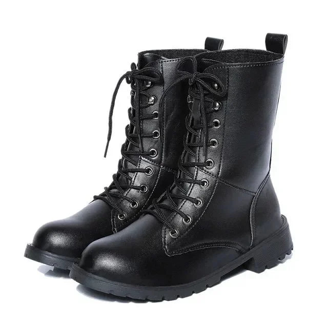 Women's Boots 2026New Casual High Top Boot Fashion Women Motorcycle Boot Classic Black Mid-calf Leather Boots Women Ankle Boots