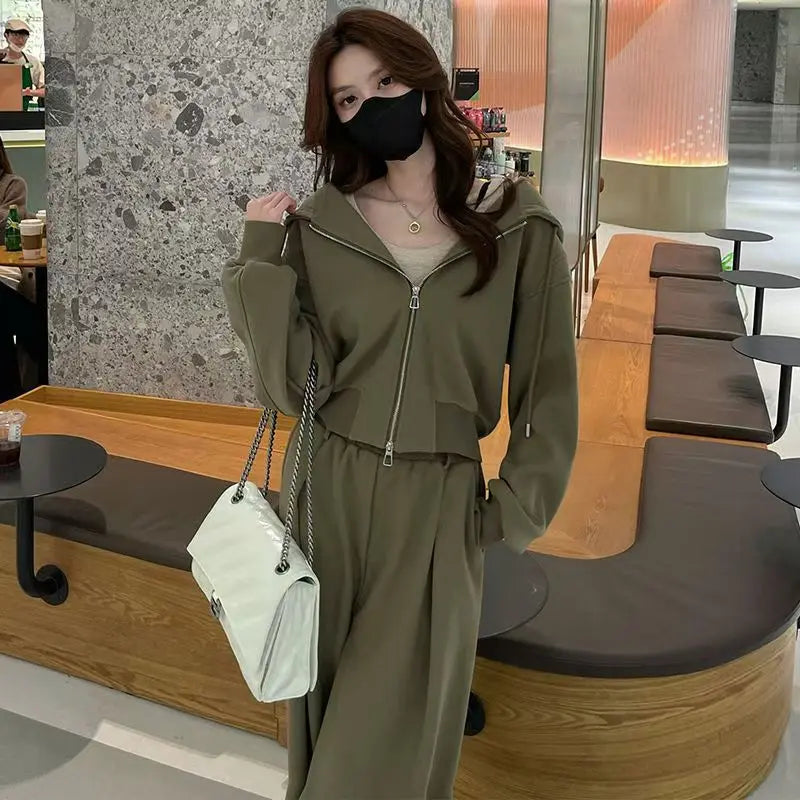 Pant Sets Two Pieces Hooded Hoodies Matching Sets Zipper Sweatshirts Long Sleeve Loose Drawstring Straight Pants Casual