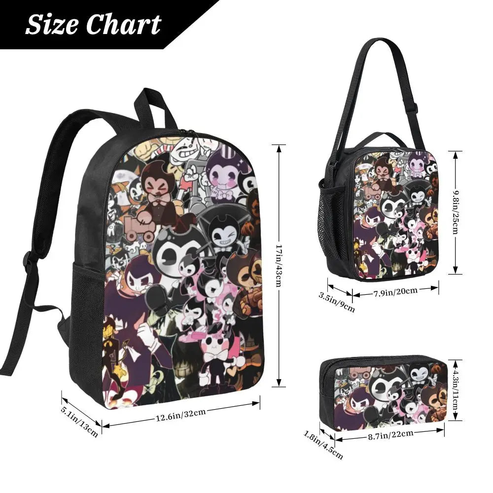 3Pcs Bendys And The Dark School bags Set for Boy Girl Pen Bags Backpack Sets with Lunch Box For School Students Knapsack