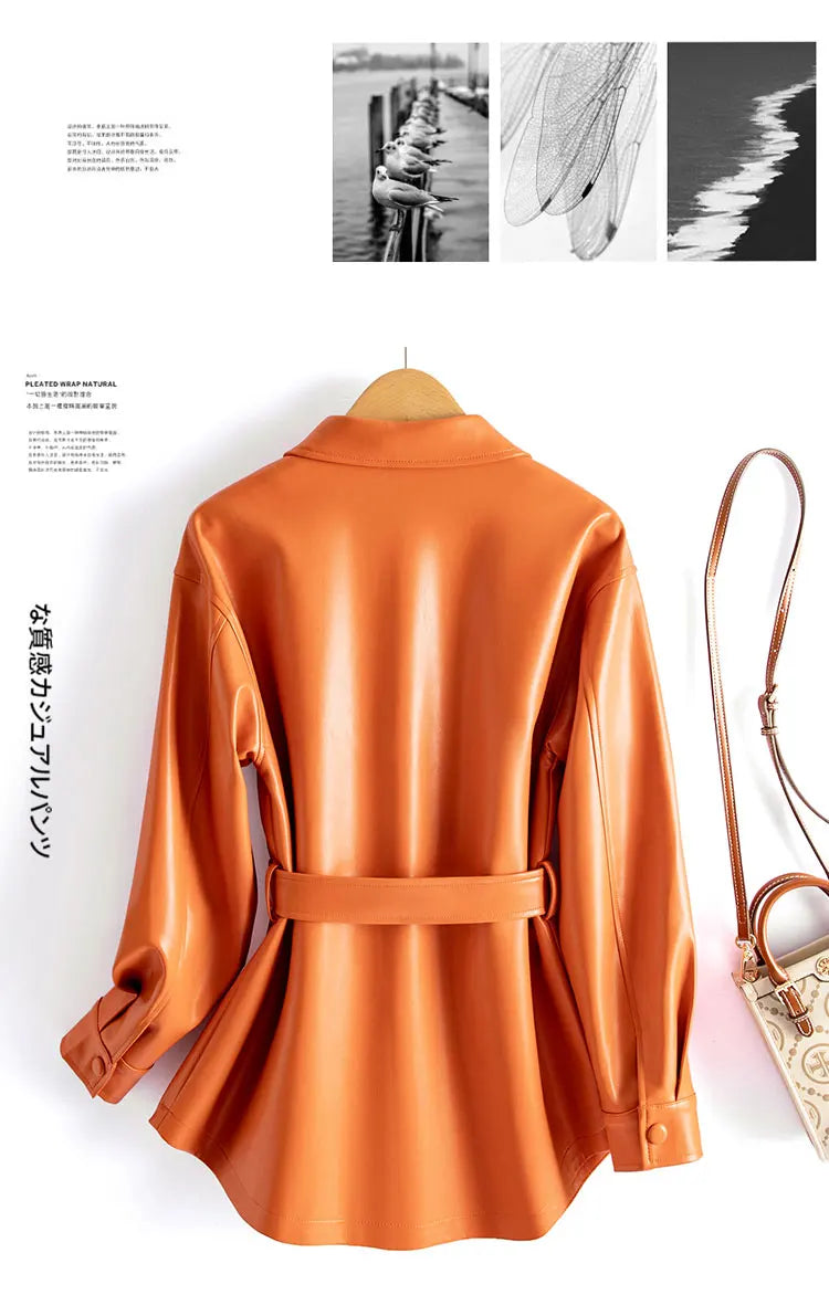 Sheepskin Leather Jacket Women Fashion Irregular Turn-down Collar Lace-up Belt Chic Office Ladies Real Split Leather Jacket Coat