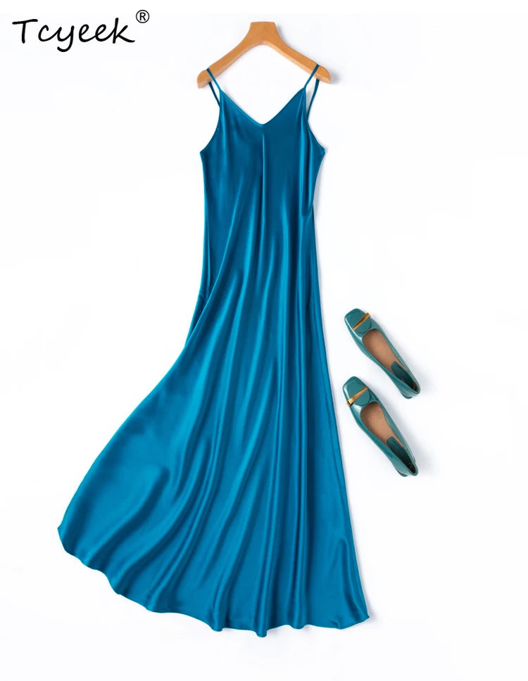 Tcyeek 100% Natural Mulberry Silk Long Dress 21MM Real Silk Summer Dresses for Women 2026 Elegant Dresses Womens Clothing Платье