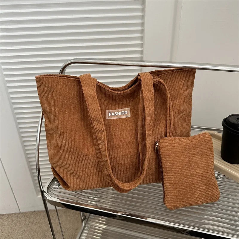 Ladies' handbag, corduroy ladies' shoulder bag, daily commuting tote bag, shoulder bag with small bag