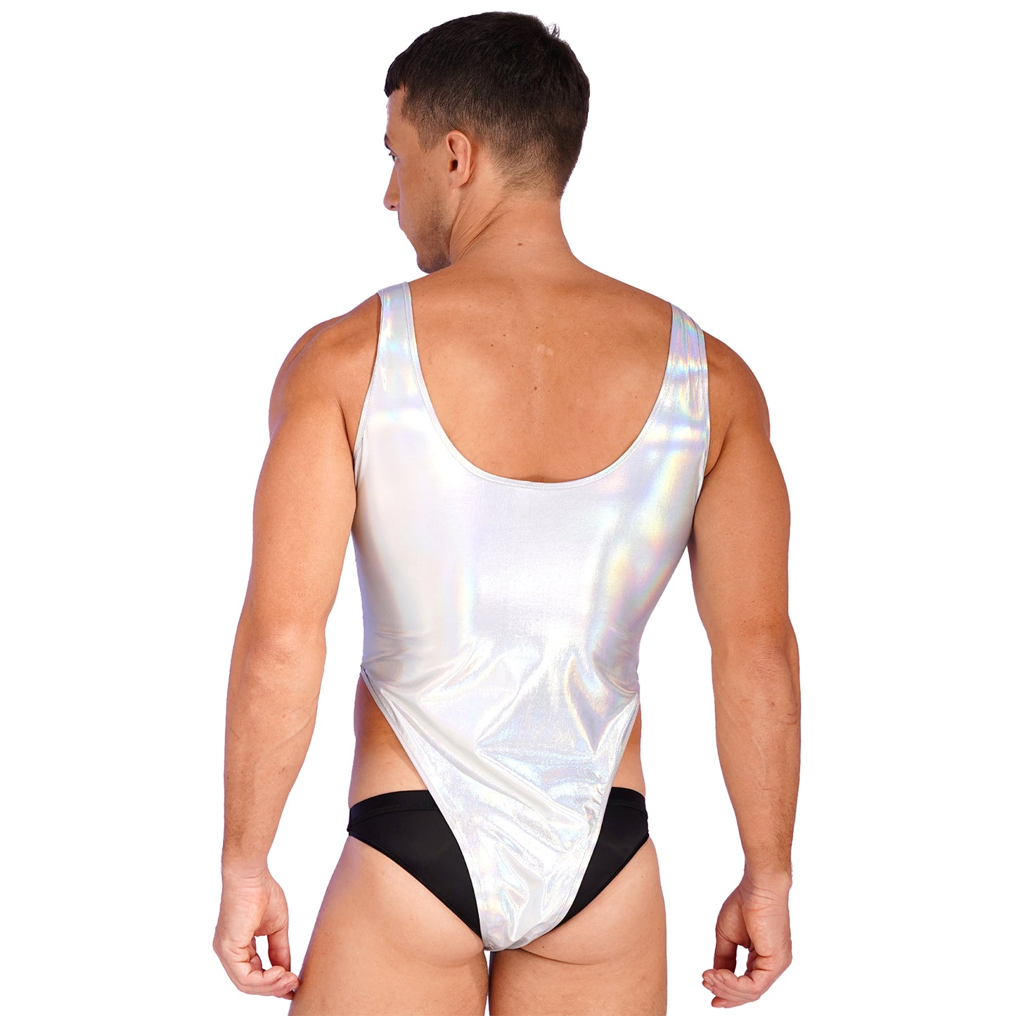 Mens Glossy Bodysuit Fashion One-piece Swimsuit Sleeveless High Cut Wetlook Faux Leather Stretch Leotard Unitard Bathing Suit