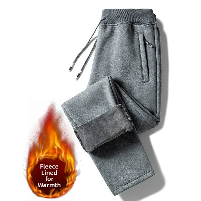 Loose Men's Fleece Lined Trousers Spring Autumn Winter Casual Wear Youth Style Pure Color Cuffed Sports Pants for Students