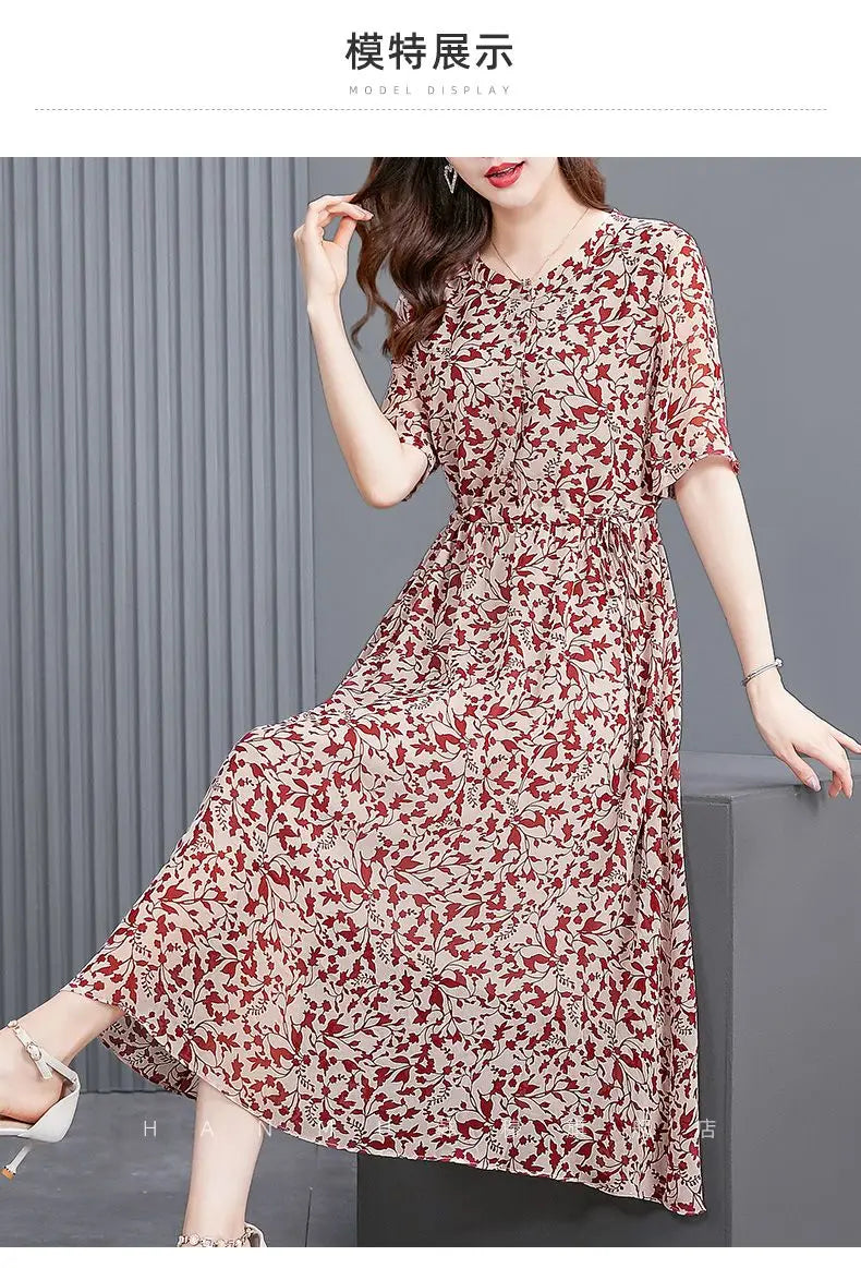 Women's Mulberry Silk Midi Dress V-Neck Three-Quarter Sleeve Red Floral Print Waist Tie Elegant Silk Summer Dress For Mature