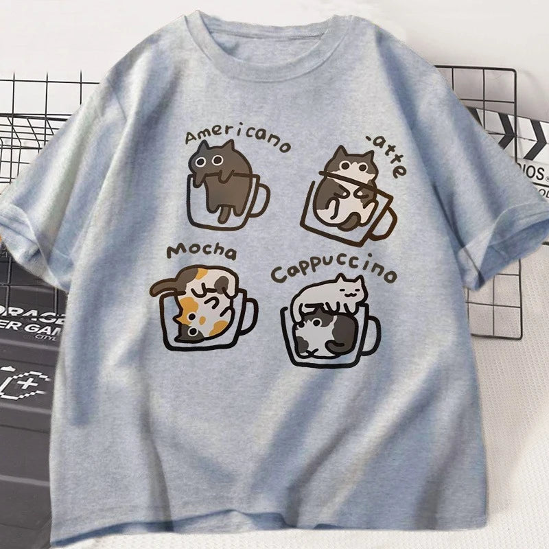 Men's Pure Cotton T-shirt From 2025, Coffee Cat, Is Comfortable, Breathable and Of High Quality. It's for Beach Travel, Parties