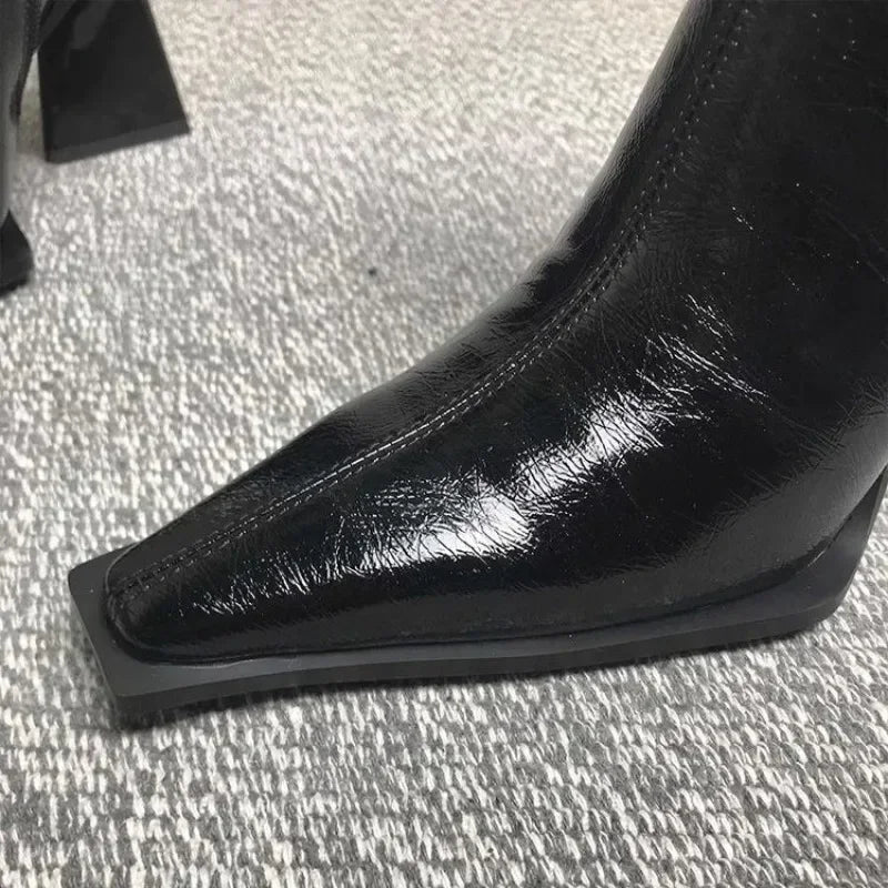 Horse Boots Female Ins Pointed Pink Skinny Boots 2023 Winter New Patent Leather Thick with Fashion High Heel Short Boots
