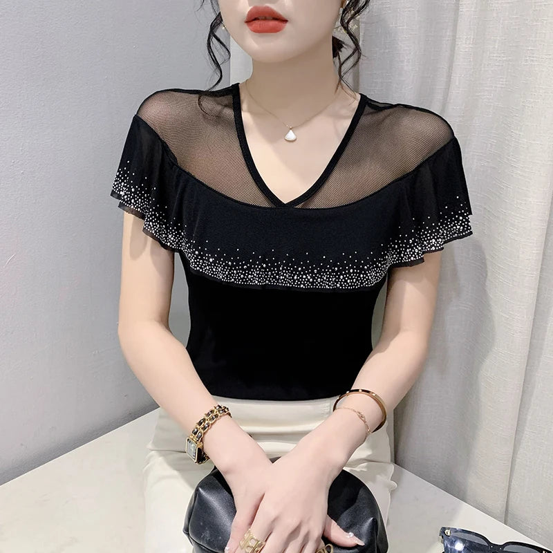 Real Photos Summer Tops Girl Patched Ruffles Mesh V Neck Short Sleeve T Shirt Women Fashion Tees Tshirts Beach Clothing