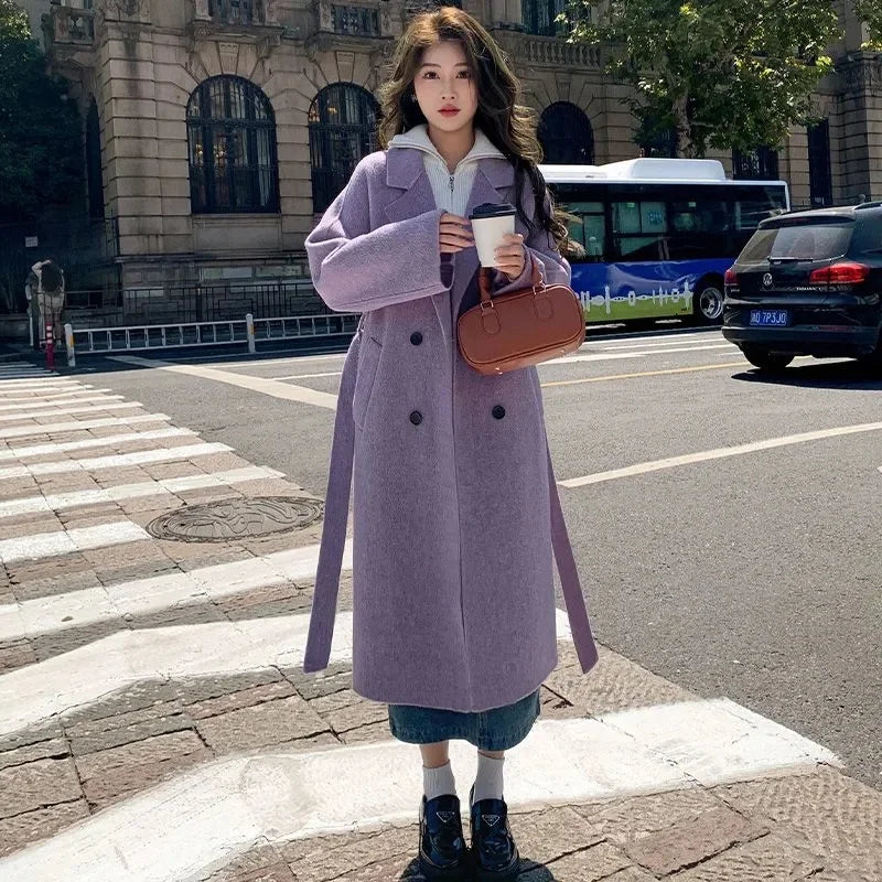 100% Wool Coat Women's Wear 2024 Autumn/Winter Fashion Temperament Double sided Cashmere Coats with Belt Elegant Long Overcoat