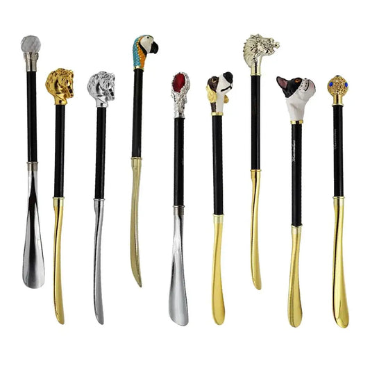 Long Metal Shoe Horn with Schima Wood Handle Solid Brass Animal Horse Head Long handle luxurious metal shoe horn Accessory
