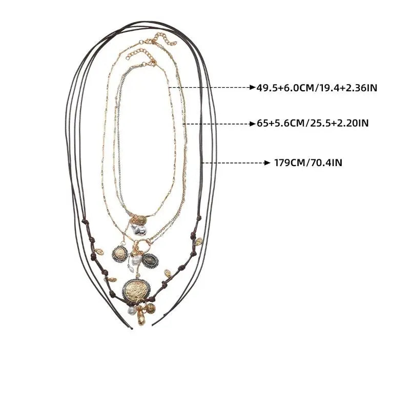 Stylish Women's Bohemian Necklace with Round Coin Badge Pendant; Multi-layer Rope Chain Party Accessory.