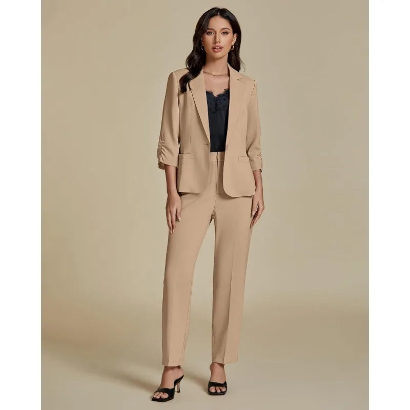 Pant Suits for Women Dressy 2 Piece Business Casual Outfits 3/4 Sleeve Blazer Straight Leg Pant Sets Office Work