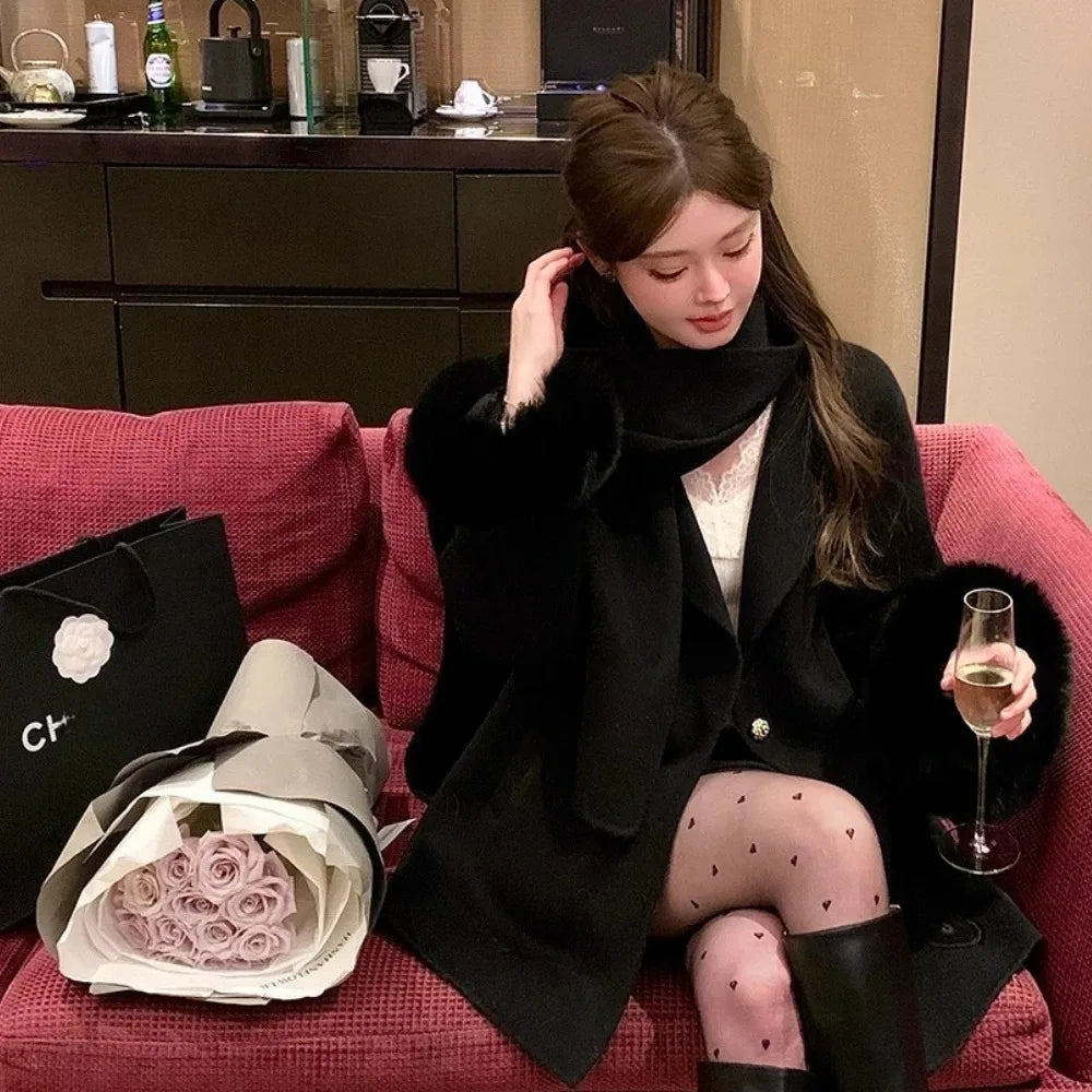Elegant Wool Coat Warm Women Double Faced Luxury Real Fox Fur Sleeves 100 Wool Scarf Autumn Winter 2025 New Fashion Trench Coat