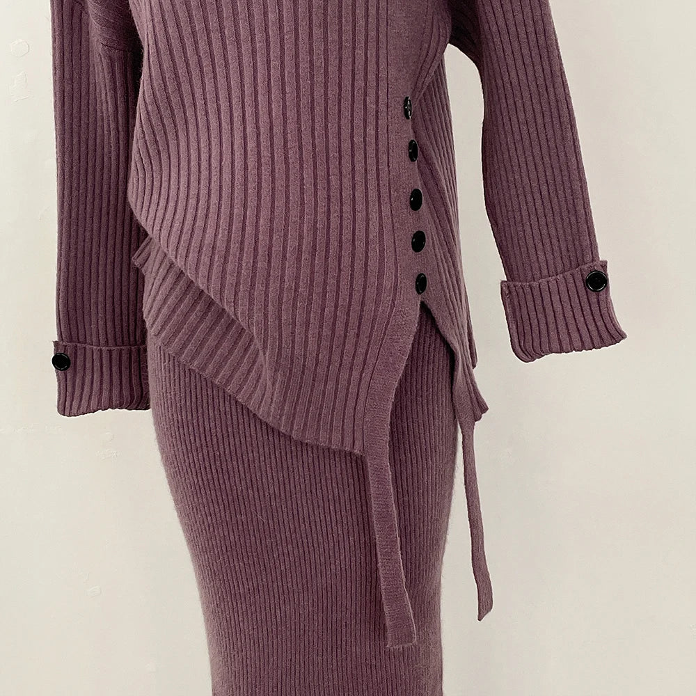 Sweater Set Warm suit Women Winter Knitted Suits two Piece Set Natural fox fur collar Sweater + Loose Trousers Office Lady Suit