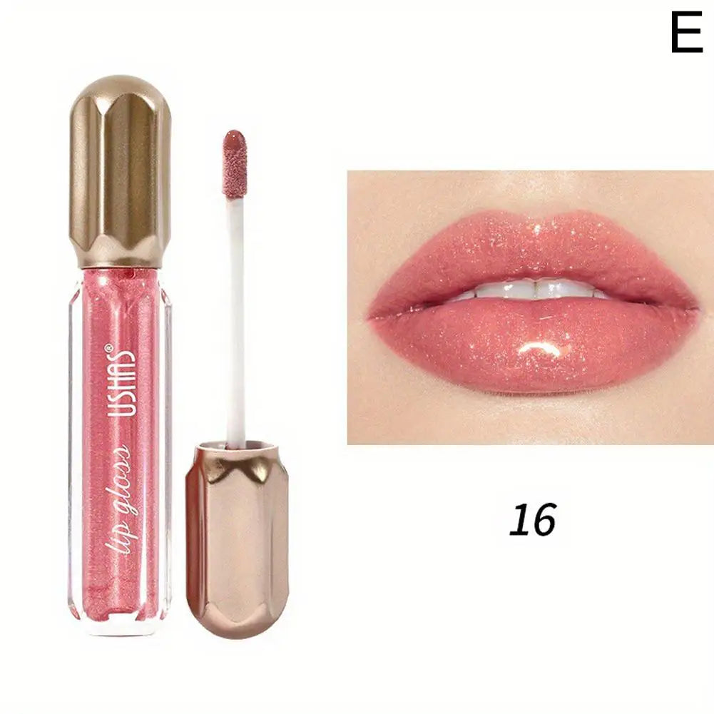 USHAS Mirror Pearl Lip Gloss Waterproof Non Stick Cup Long Lasting Moisturizing Lipstick Shine Glitter Lip Glaze Lip Tint Makeup
