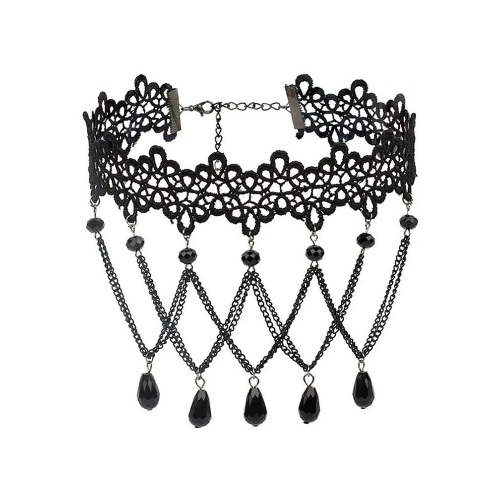 Sexy Neck Chain Steampunk Style Collar Chocker Gemstone Pendant Black Lace Gothic Necklace