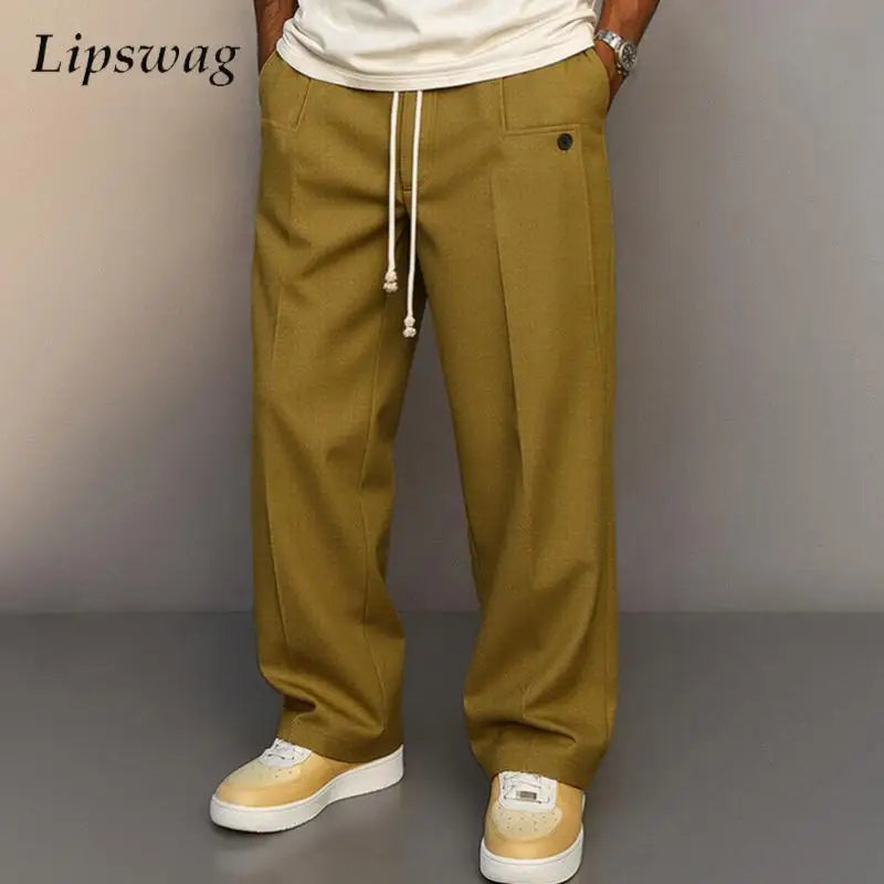 Spring Autumn Fashion Trousers For Mens Outdoor Casual Simple Solid Color Straight Pants Stylish Men Drawstring Loose Pants