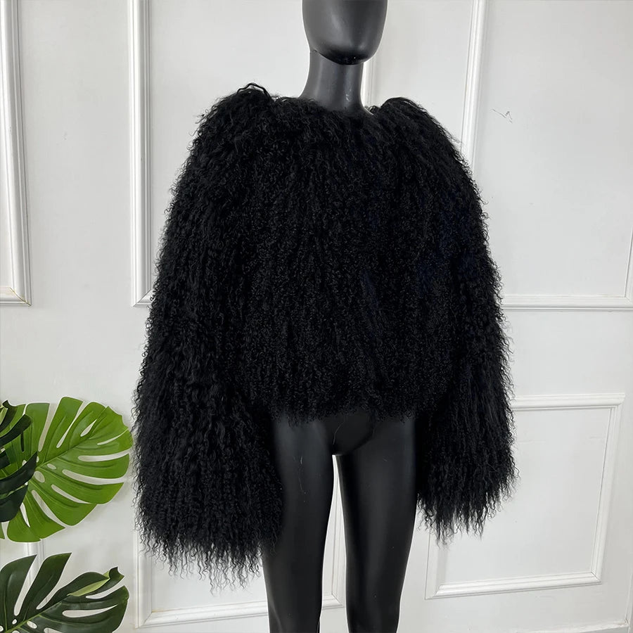 Real Sheepskin Coats Mongolian Lamb Fur Coat Women Natural Sheep Fur Jacket With Lapel Short Fur Outerwear