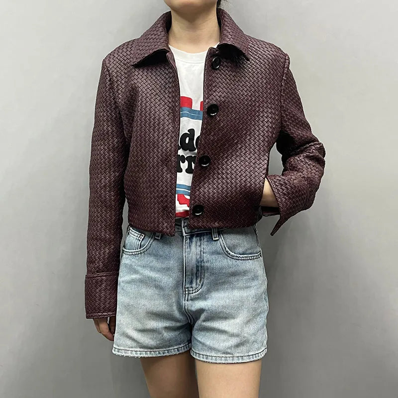 2025A Spring Autumn Knitted Jacket Real Leather Jacket Lady Fashion Blazer Women Genuine Sheepskin Leather Coat
