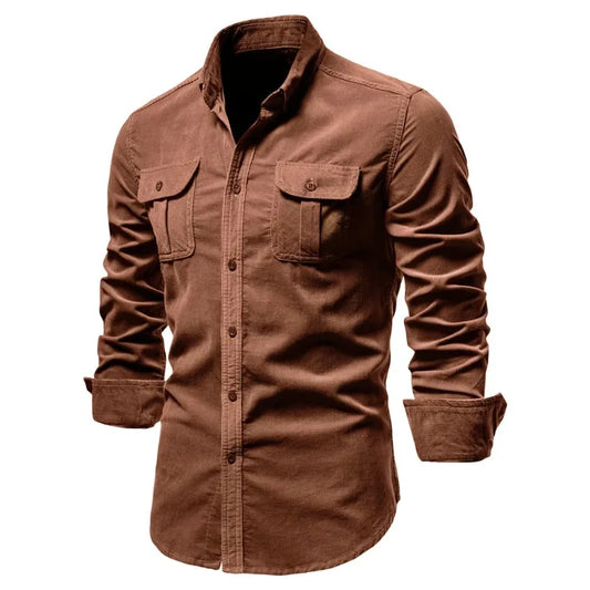 New Single Breasted 100% Cotton Men's Shirt Business Casual Fashion Solid Color Corduroy Men Shirts Autumn Slim Shirt Men